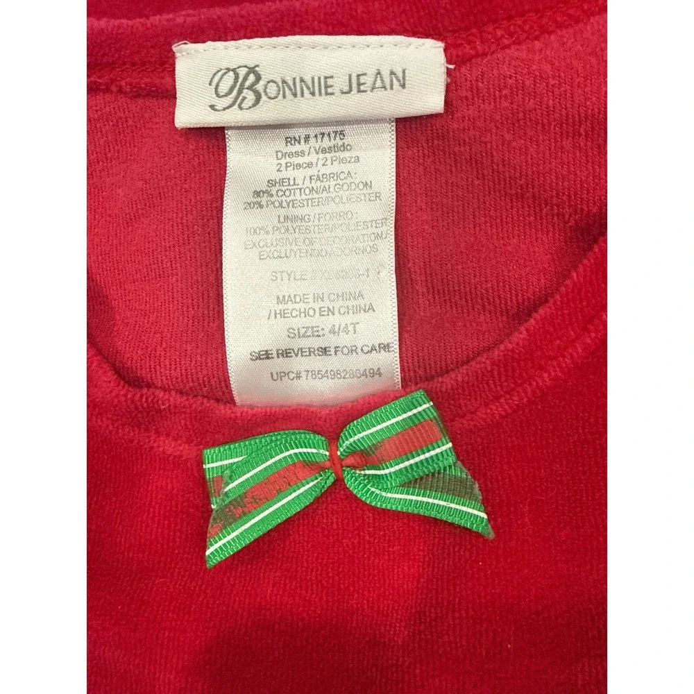 Bonnie Jean Girls Red Velour Christmas Dress Snowman Tree Embroidery 4/4T